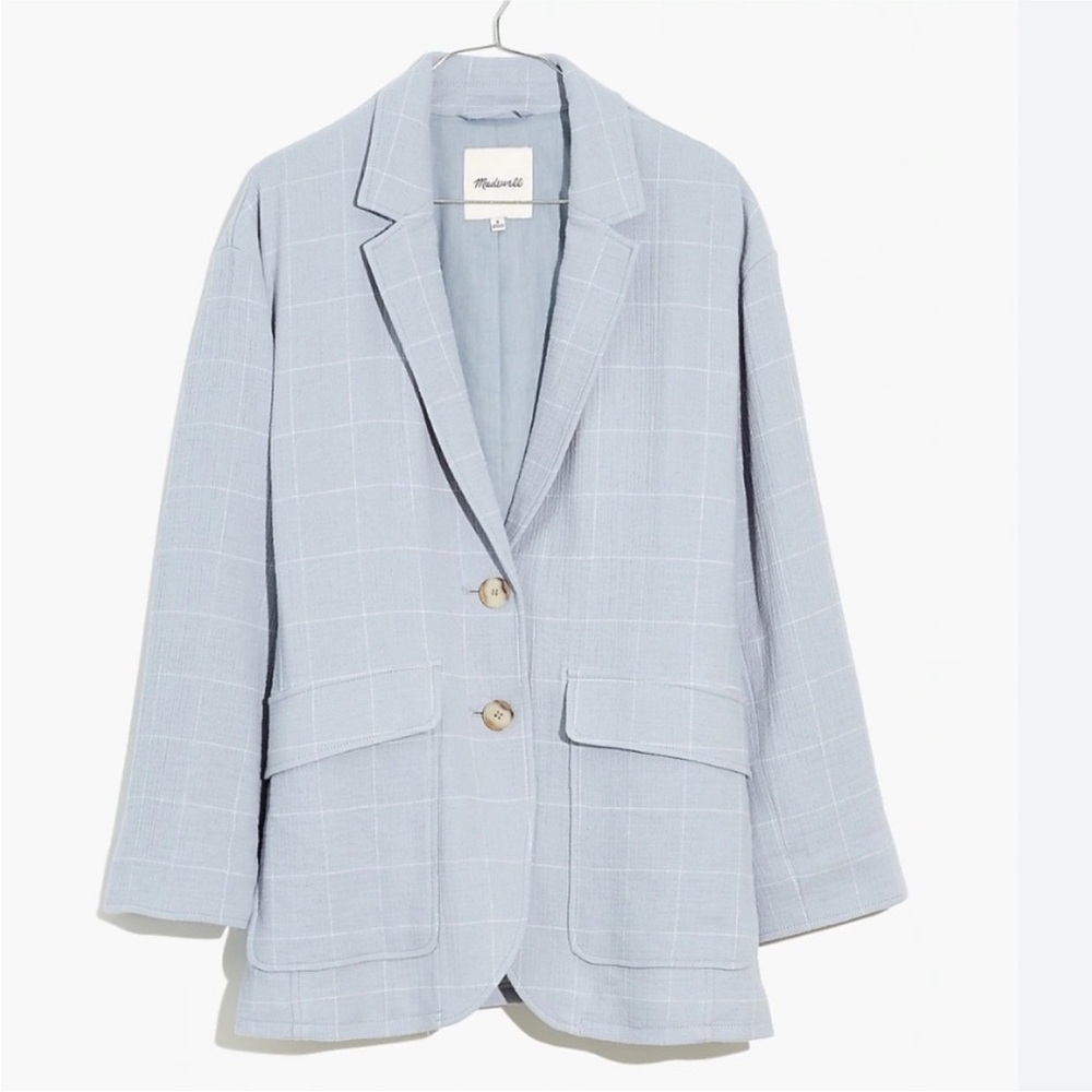Madewell Larsen Blazer Cotton-Linen Relaxed in Windowpane Blue Size Large